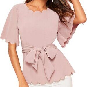 Romwe Women's Bow Self Tie Scalloped Cut Out Elegant Tunic Blouse Top